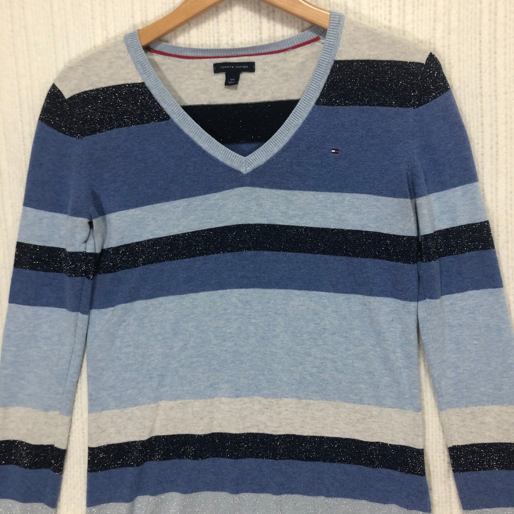 Tommy Hilfiger Striped V-Neck Sweater Sparkle Accents Long Sleeve Size S